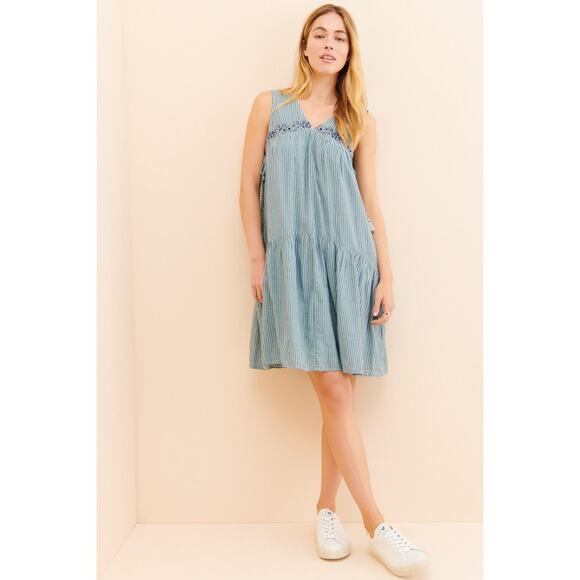 New Anthropologie Aida Embroidered Mini Dress $148 SMALL Blue Floral Striped - Picture 8 of 8